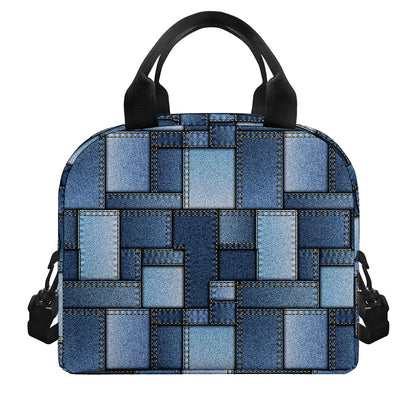 Blue Denim Patchwork Pattern Print Insulated Lunch Bag