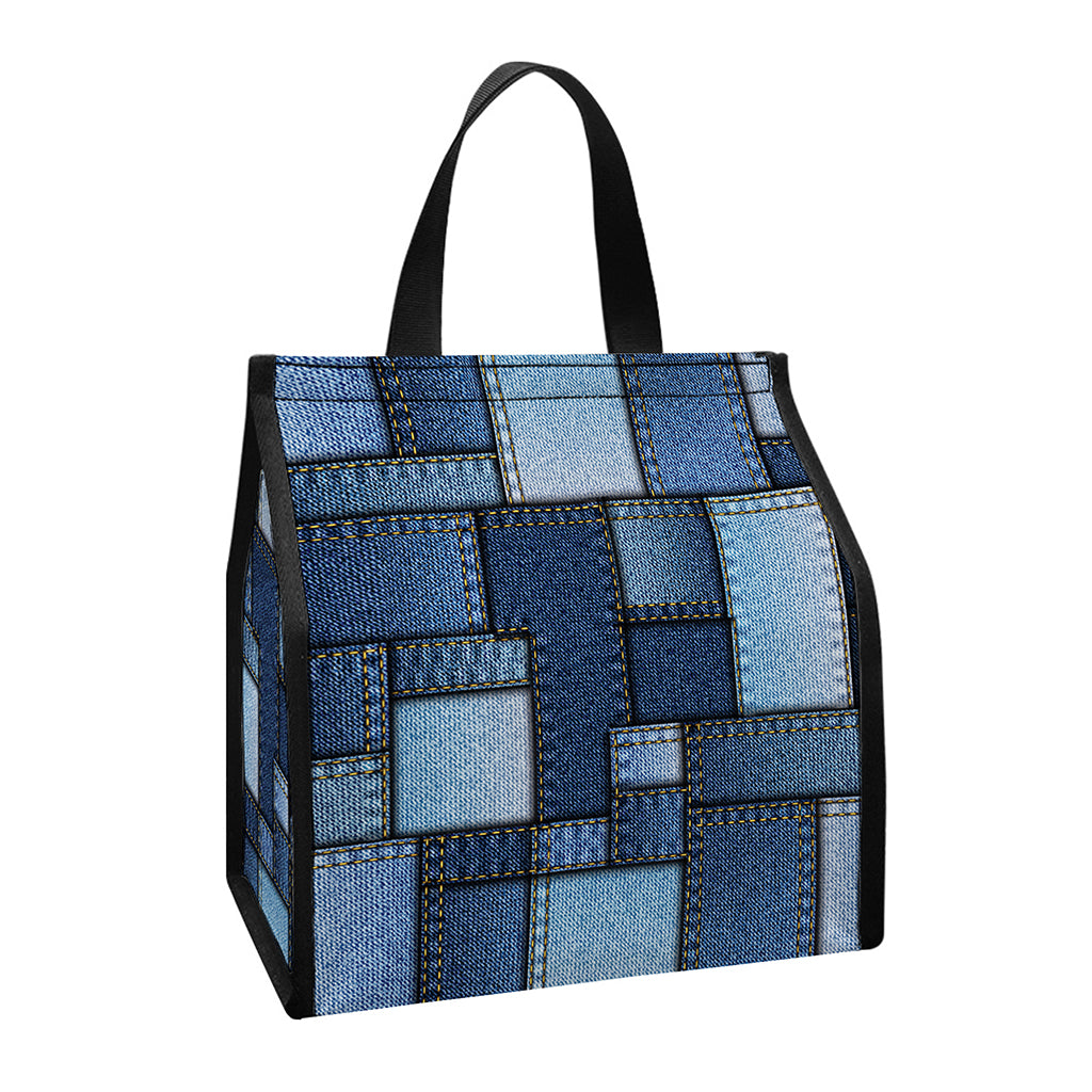 Blue Denim Patchwork Pattern Print Insulated Lunch Tote