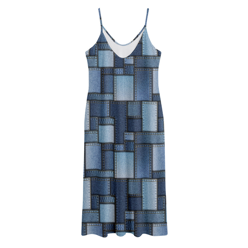 Blue Denim Patchwork Pattern Print Jersey Midi Cami Dress