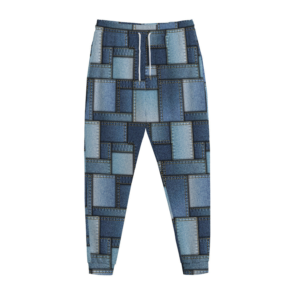 Blue Denim Patchwork Pattern Print Jogger Pants