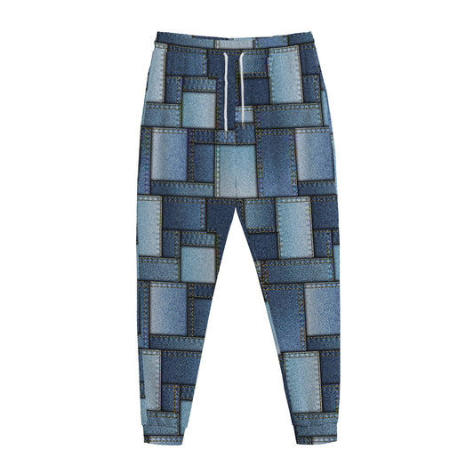 Blue Denim Patchwork Pattern Print Jogger Pants