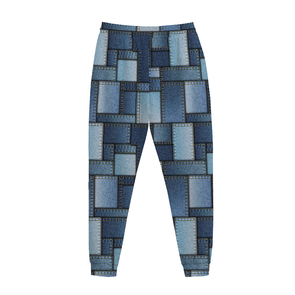 Blue Denim Patchwork Pattern Print Jogger Pants