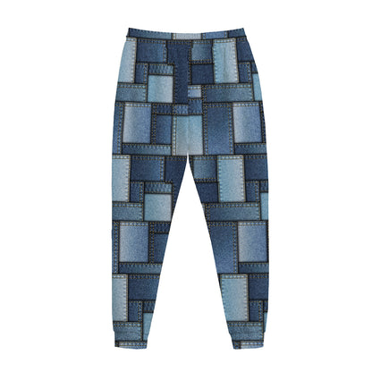 Blue Denim Patchwork Pattern Print Jogger Pants
