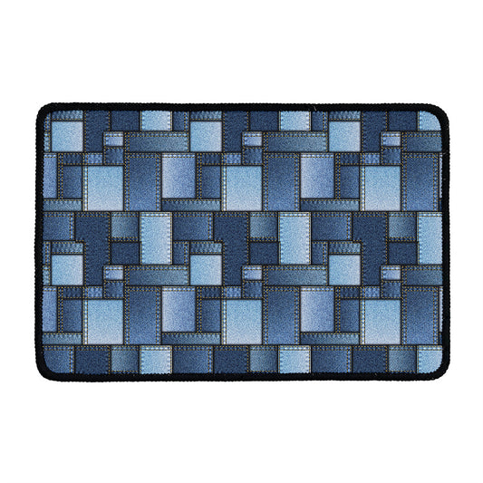 Blue Denim Patchwork Pattern Print Kitchen Mat