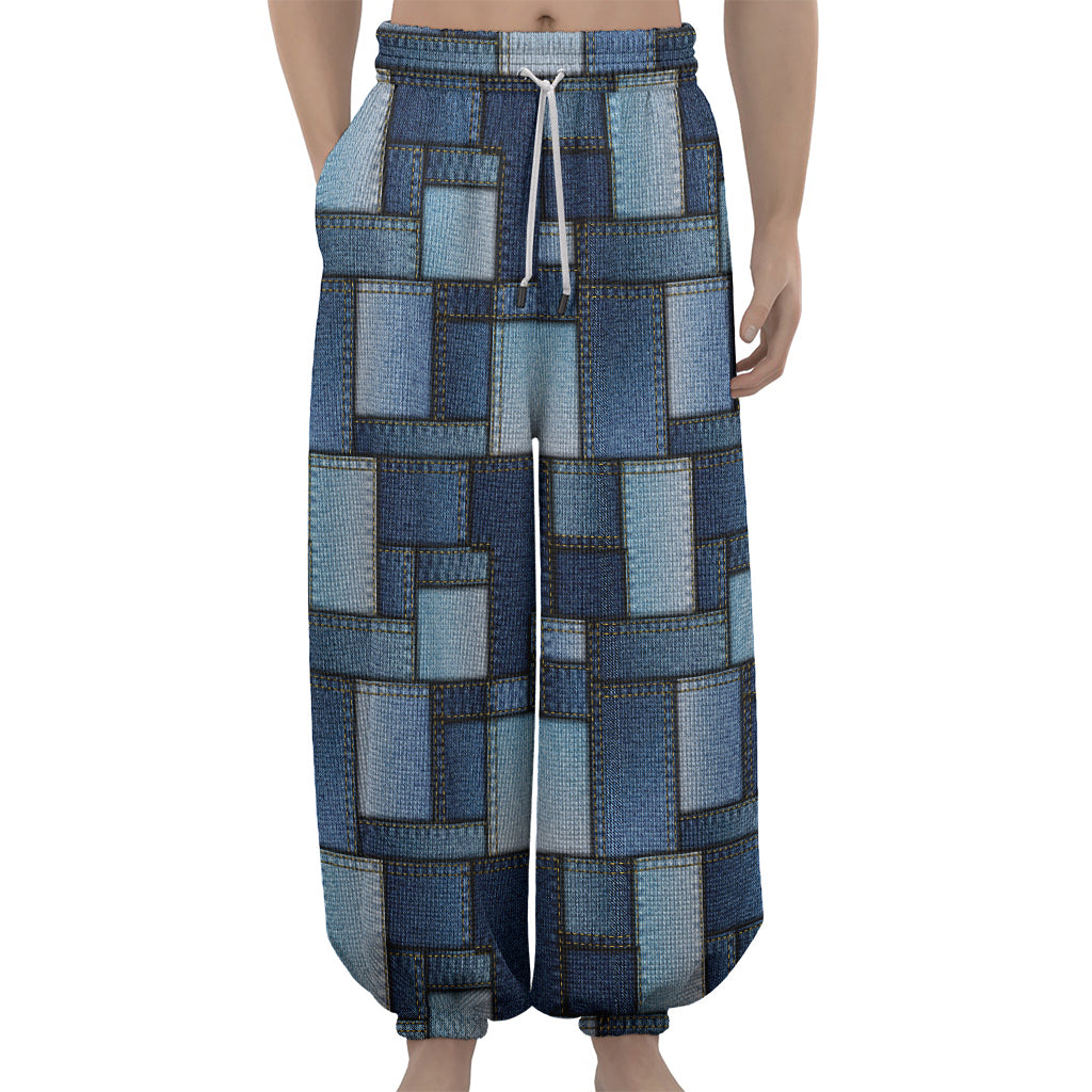 Blue Denim Patchwork Pattern Print Lantern Pants