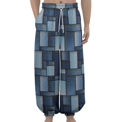 Blue Denim Patchwork Pattern Print Lantern Pants
