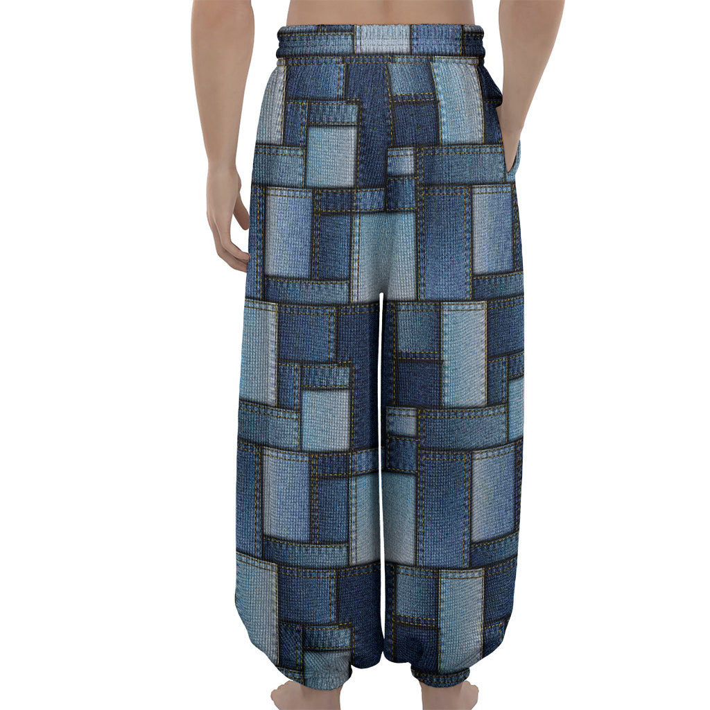 Blue Denim Patchwork Pattern Print Lantern Pants