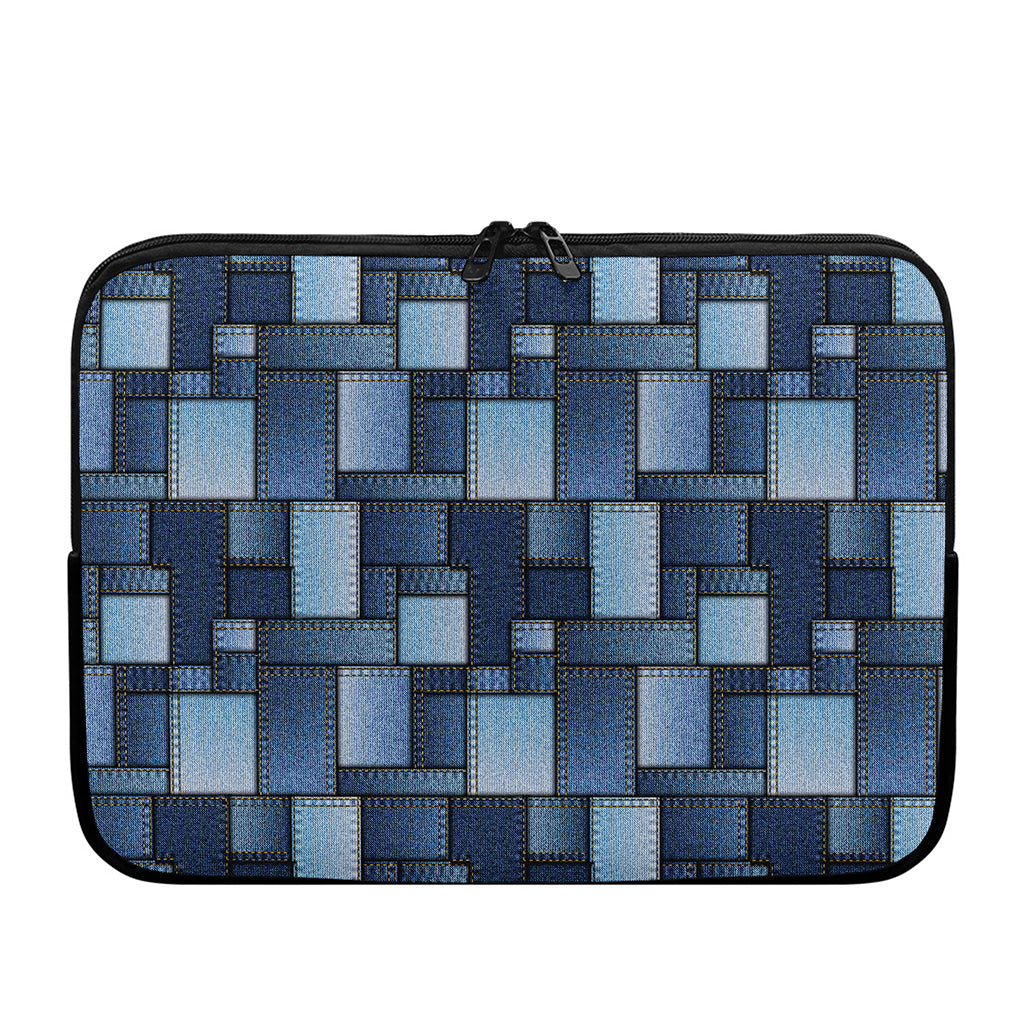 Blue Denim Patchwork Pattern Print Laptop Sleeve