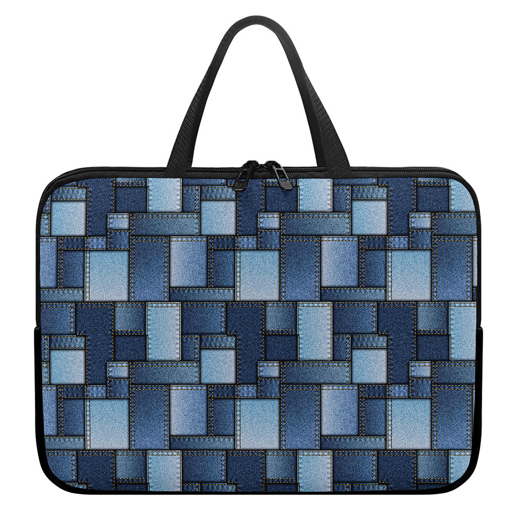 Blue Denim Patchwork Pattern Print Laptop Sleeve With Handle