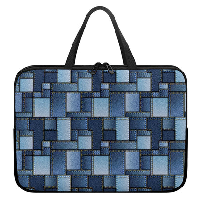 Blue Denim Patchwork Pattern Print Laptop Sleeve With Handle