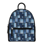Blue Denim Patchwork Pattern Print Leather Backpack