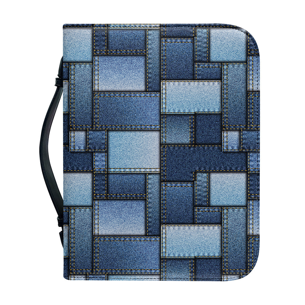 Blue Denim Patchwork Pattern Print Leather Bible Cover