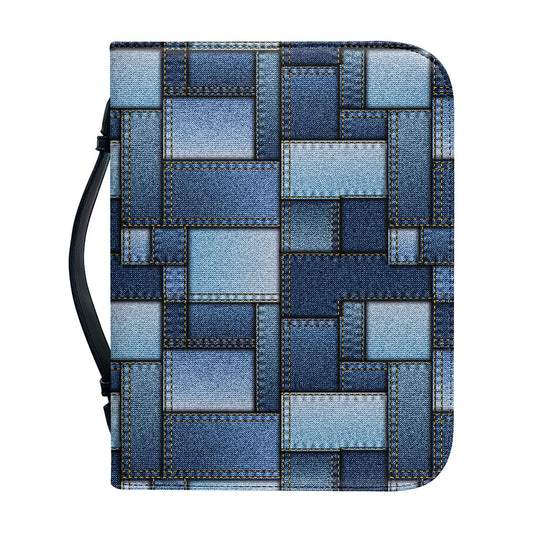 Blue Denim Patchwork Pattern Print Leather Bible Cover