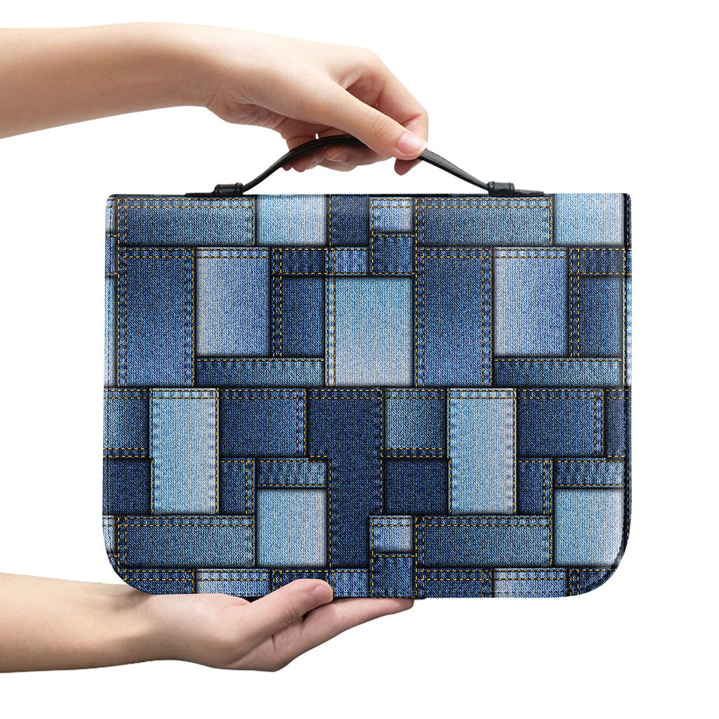 Blue Denim Patchwork Pattern Print Leather Bible Cover