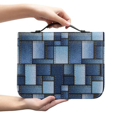Blue Denim Patchwork Pattern Print Leather Bible Cover