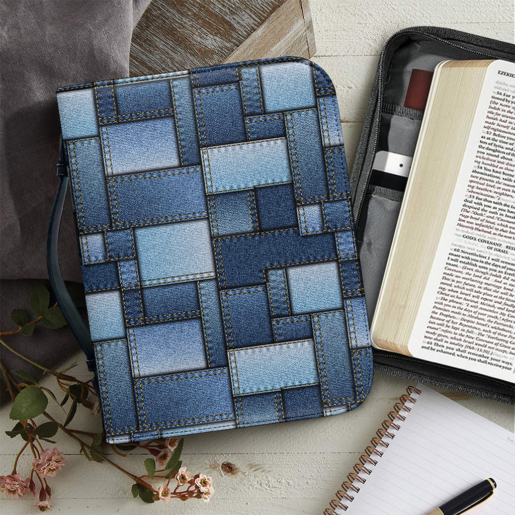 Blue Denim Patchwork Pattern Print Leather Bible Cover