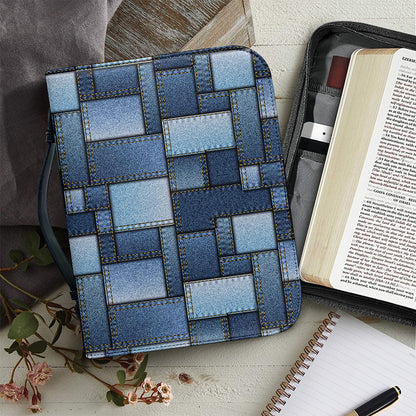 Blue Denim Patchwork Pattern Print Leather Bible Cover