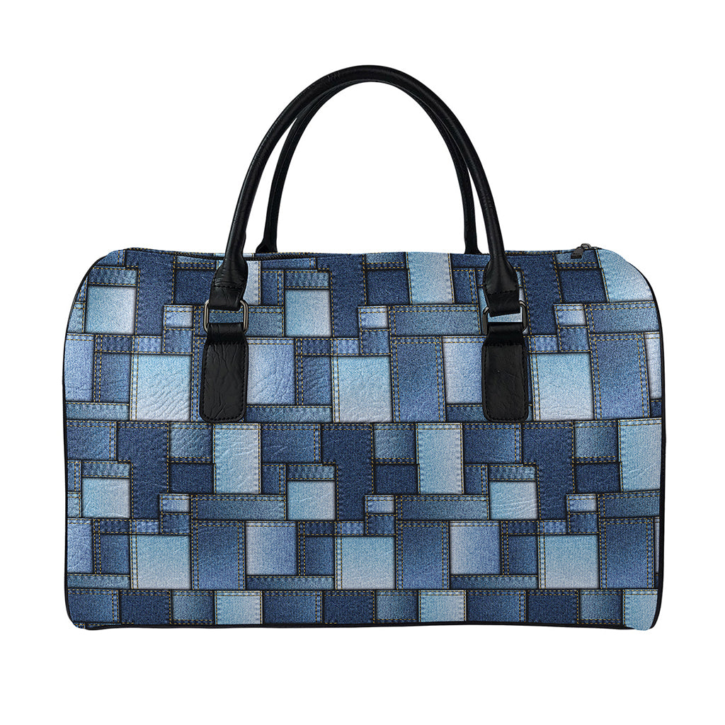 Blue Denim Patchwork Pattern Print Leather Duffle Bag