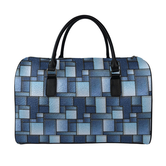 Blue Denim Patchwork Pattern Print Leather Duffle Bag