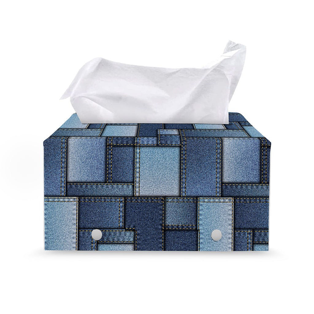Blue Denim Patchwork Pattern Print Leather Tissue Box Cover