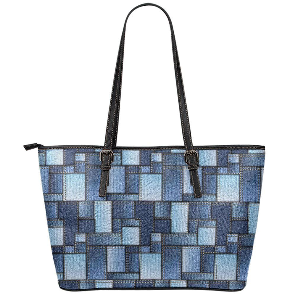 Blue Denim Patchwork Pattern Print Leather Tote Bag