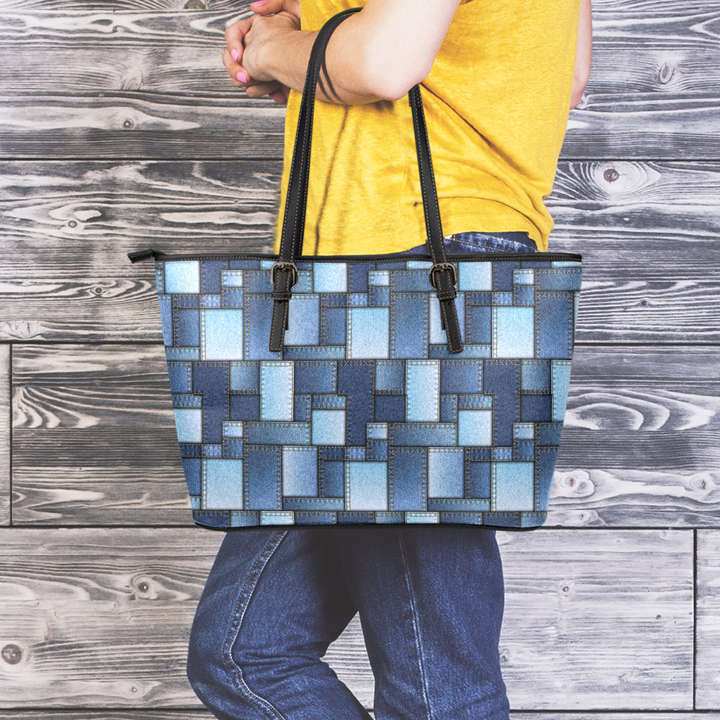 Blue Denim Patchwork Pattern Print Leather Tote Bag