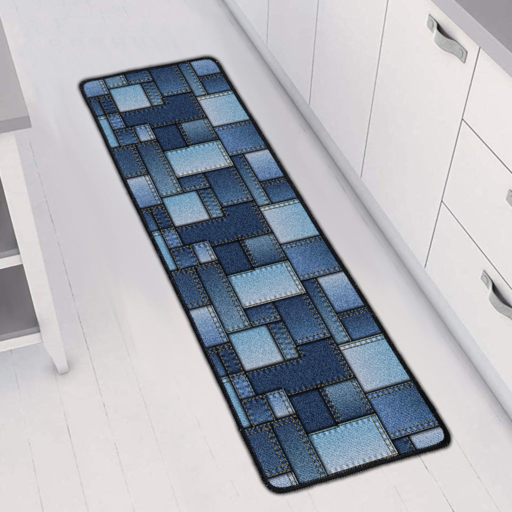 Blue Denim Patchwork Pattern Print Long Kitchen Mat