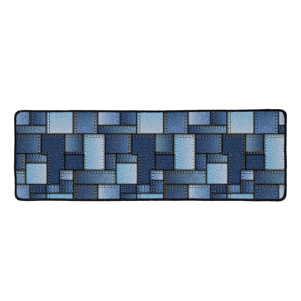 Blue Denim Patchwork Pattern Print Long Kitchen Mat