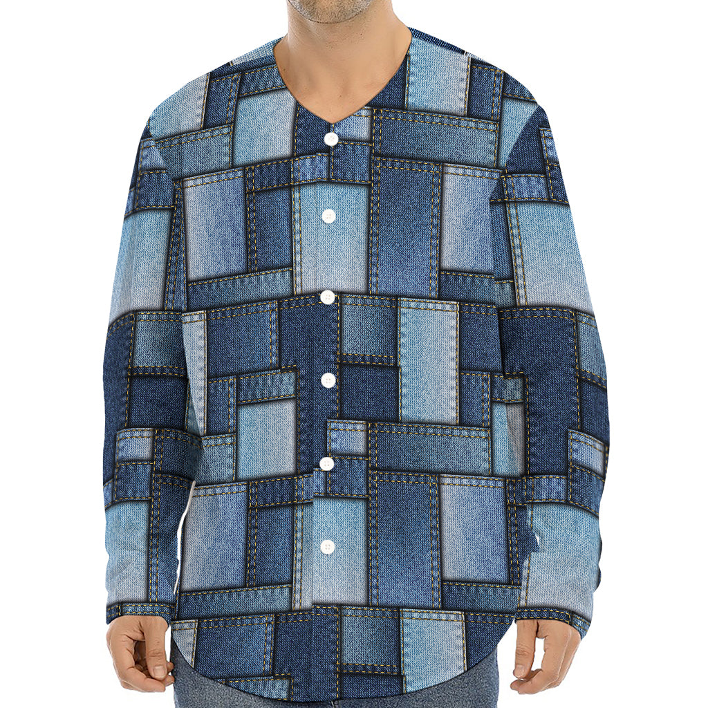 Blue Denim Patchwork Pattern Print Long Sleeve Baseball Jersey