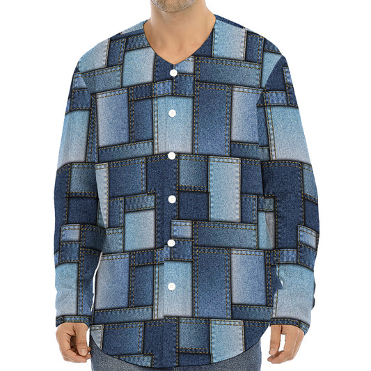 Blue Denim Patchwork Pattern Print Long Sleeve Baseball Jersey