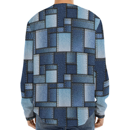Blue Denim Patchwork Pattern Print Long Sleeve Baseball Jersey