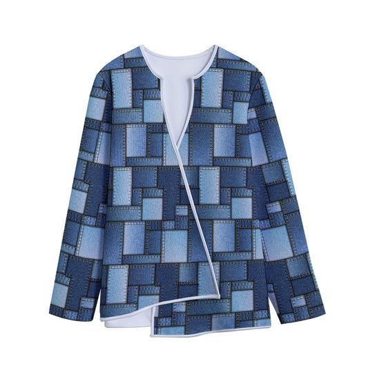 Blue Denim Patchwork Pattern Print Long Sleeve Short Coat
