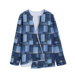 Blue Denim Patchwork Pattern Print Long Sleeve Short Coat