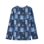 Blue Denim Patchwork Pattern Print Long Sleeve Short Coat