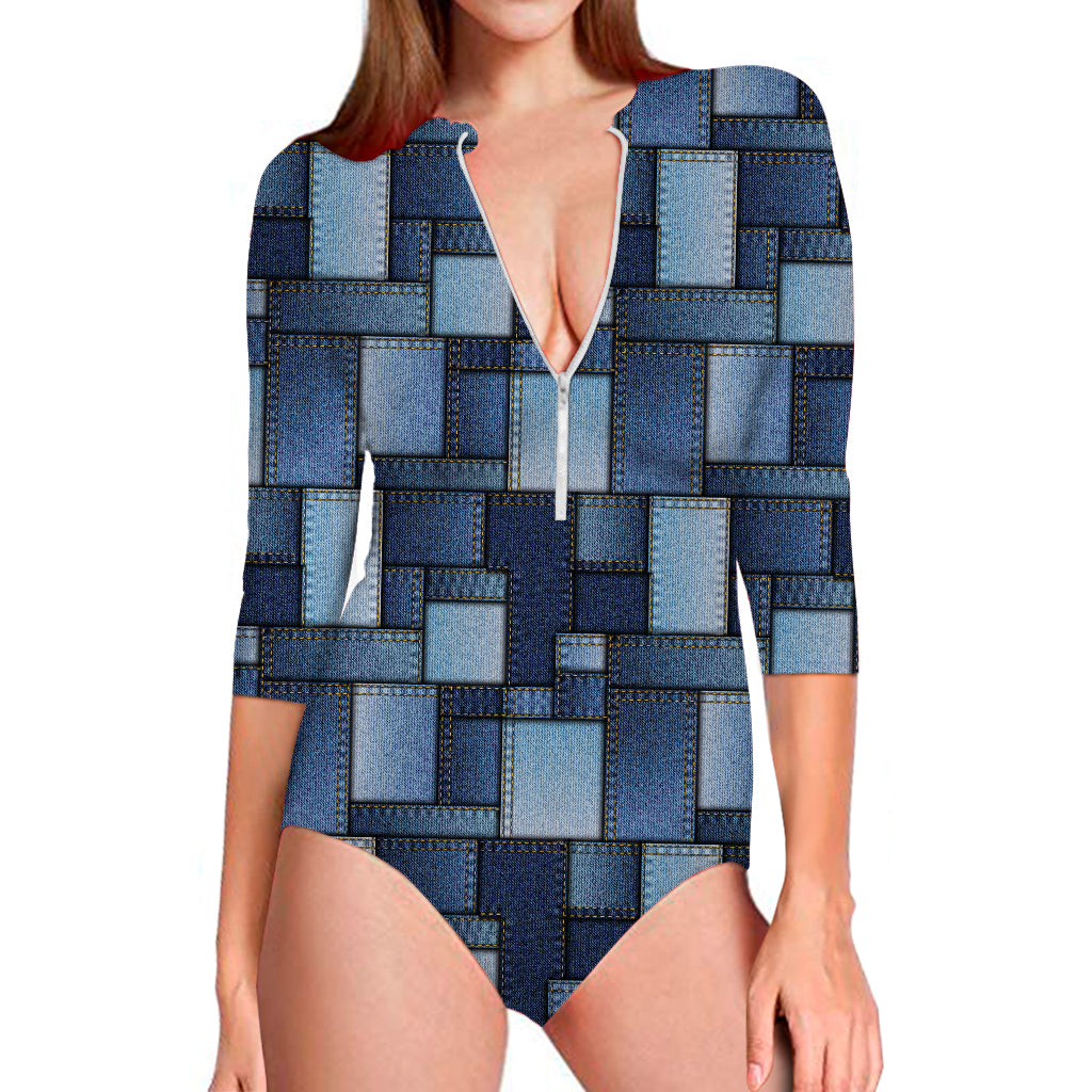 Blue Denim Patchwork Pattern Print Long Sleeve Swimsuit