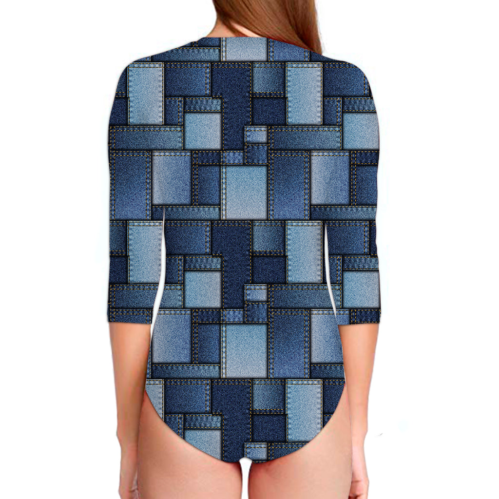 Blue Denim Patchwork Pattern Print Long Sleeve Swimsuit