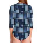 Blue Denim Patchwork Pattern Print Long Sleeve Swimsuit