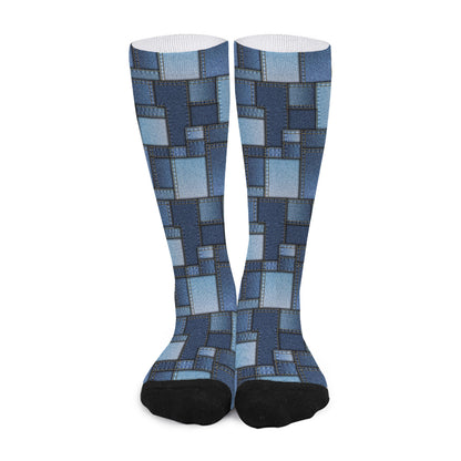 Blue Denim Patchwork Pattern Print Long Socks
