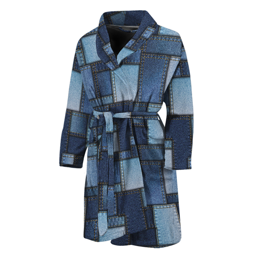 Blue Denim Patchwork Pattern Print Men's Bathrobe