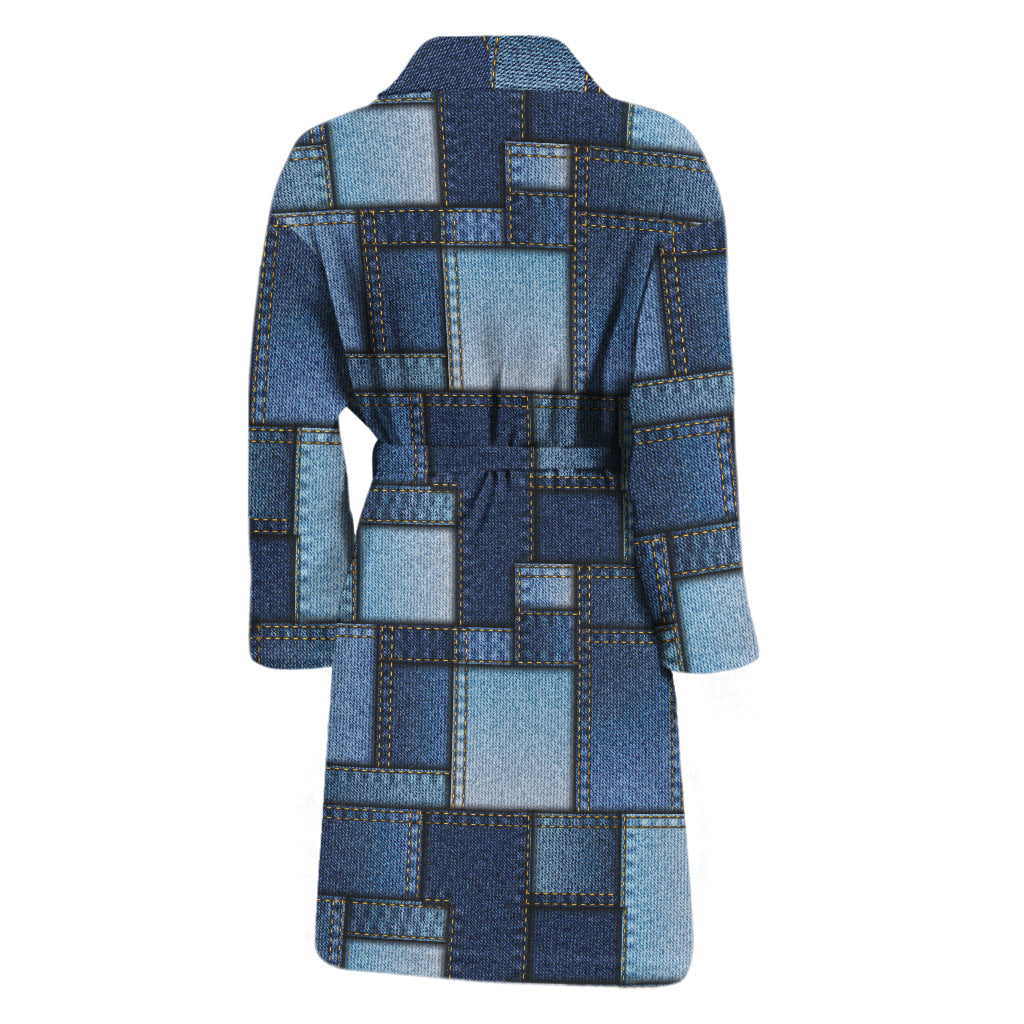 Blue Denim Patchwork Pattern Print Men's Bathrobe