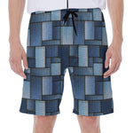 Blue Denim Patchwork Pattern Print Men's Beach Shorts
