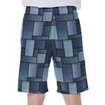 Blue Denim Patchwork Pattern Print Men's Beach Shorts