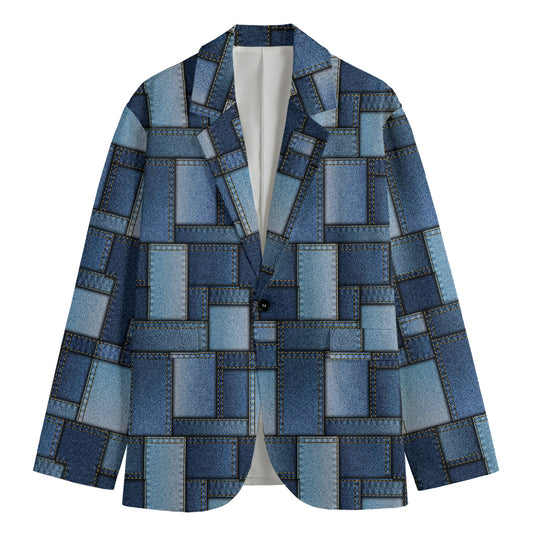 Blue Denim Patchwork Pattern Print Men's Blazer