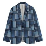 Blue Denim Patchwork Pattern Print Men's Blazer