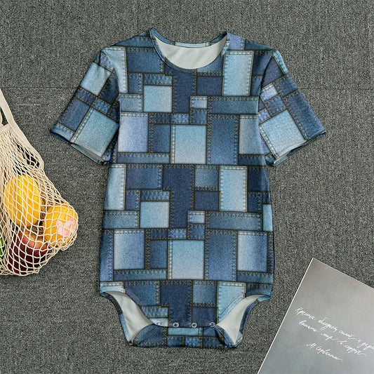 Blue Denim Patchwork Pattern Print Men's Bodysuit