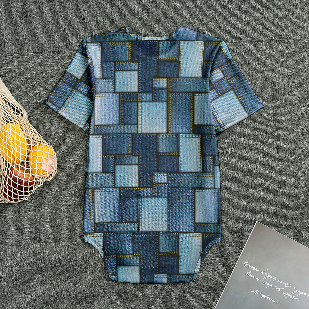 Blue Denim Patchwork Pattern Print Men's Bodysuit