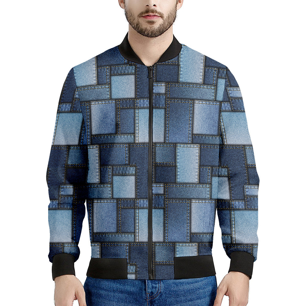 Blue Denim Patchwork Pattern Print Men's Bomber Jacket