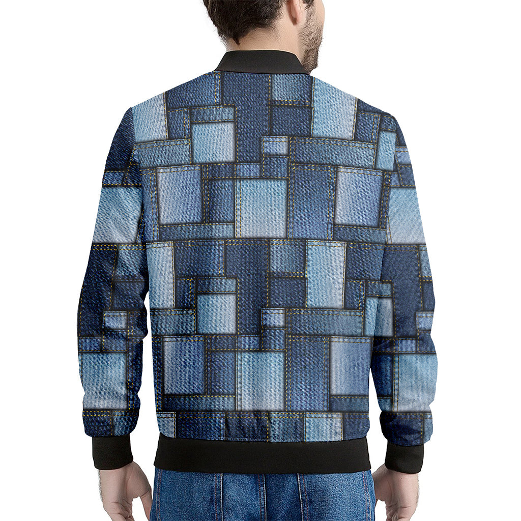 Blue Denim Patchwork Pattern Print Men's Bomber Jacket