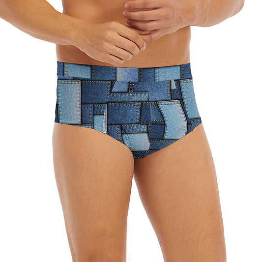 Blue Denim Patchwork Pattern Print Men's Briefs