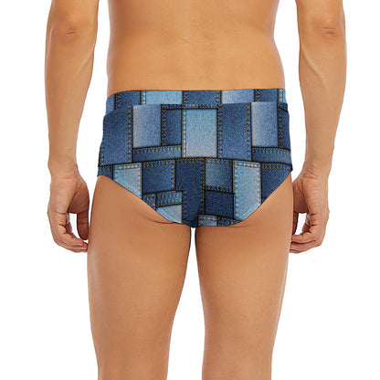 Blue Denim Patchwork Pattern Print Men's Briefs
